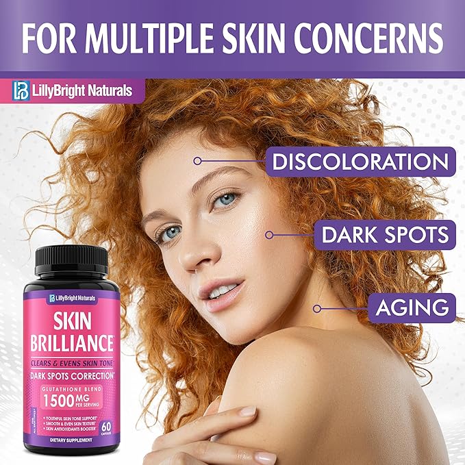 Glutathione Capsules - 1,500mcg L-Glutathione Supplement with Vitamin C - Skin Tone Enhancer - Targets Dark Spots & Acne Marks - Potent Antioxidant - 60 Skin Pills