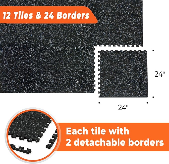 SUPERJARE 0.4'' Thick 12 Pcs 48 Sq Ft Rubber Top Exercise Equipment Mats, High Density EVA Foam Mats with Rubber Top, Interlocking Gym Flooring for Home Gym, Protective Workout Mat, Black/Blue