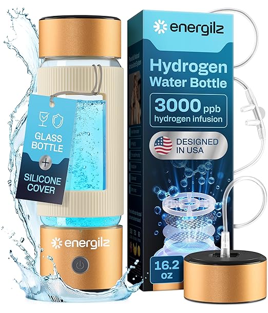 Hydrogen Water Bottle | Large 16.2 oz (480 ml) Hydrogen Water Bottle Generator 3000 ppb | Hydrogenator Machine | SPE/PEM Hydrogenated Ionizer Generator(Golden w/Beige)