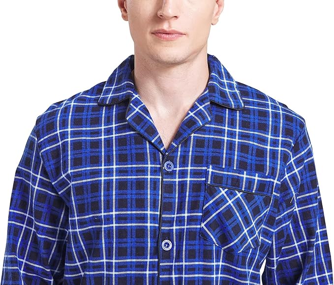 GLOBAL Men's Pajamas Sets 100% Cotton Flannel Sleepwear Long-Sleeve top & Bottom