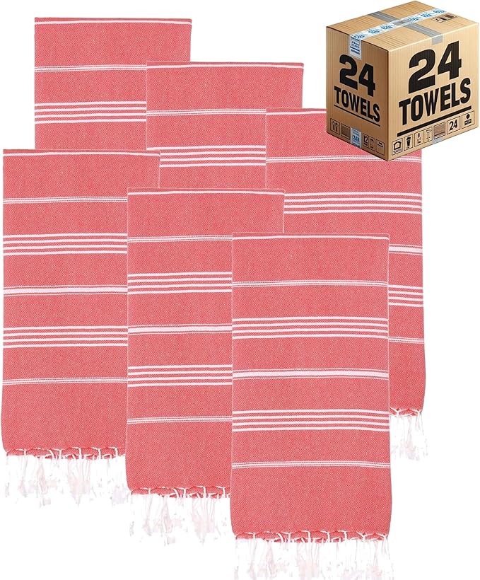 Turkish Beach Towels, Bulk Case of 24 | Oversized, Quick Dry, Sand Free | 100% Cotton, Large 38x71 Towels for Beach, Pool, Travel | Ultra-Soft, Compact, Absorbent | Red