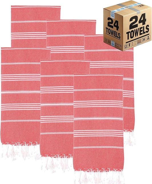 Turkish Beach Towels, Bulk Case of 24 | Oversized, Quick Dry, Sand Free | 100% Cotton, Large 38x71 Towels for Beach, Pool, Travel | Ultra-Soft, Compact, Absorbent | Red