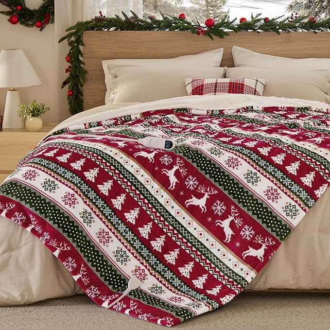 Bedsure Christmas Electric Blanket Twin - Soft Flannel Sherpa Heated Blanket with Fair Isle, Heating with 6 Heating Levels, 10 Time Settings and 8-Hour Auto-Off, Gifts for Grandma (62x84 inches)