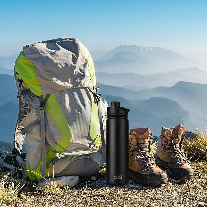 HASLE OUTFITTERS Insulated Water Bottle 22 oz Double Wall Stainless Steel Water Bottle Wide Mouth with Straw Lid & Spout Lid Keeps Cold or Hot(Black,4)