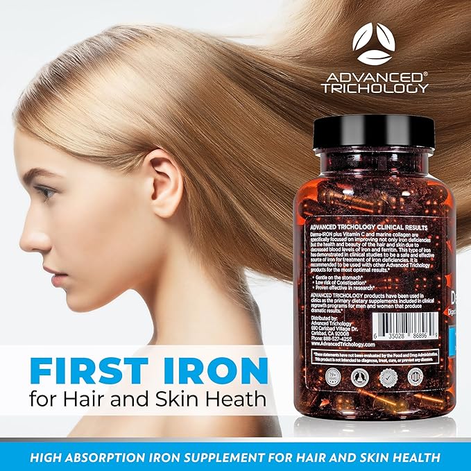 Derma-Iron Supplement for Women and Men - Iron blood builder pills for hair and skin with Collagen and natural Vitamin C, low iron and ferritin, thinning hair, hair loss support