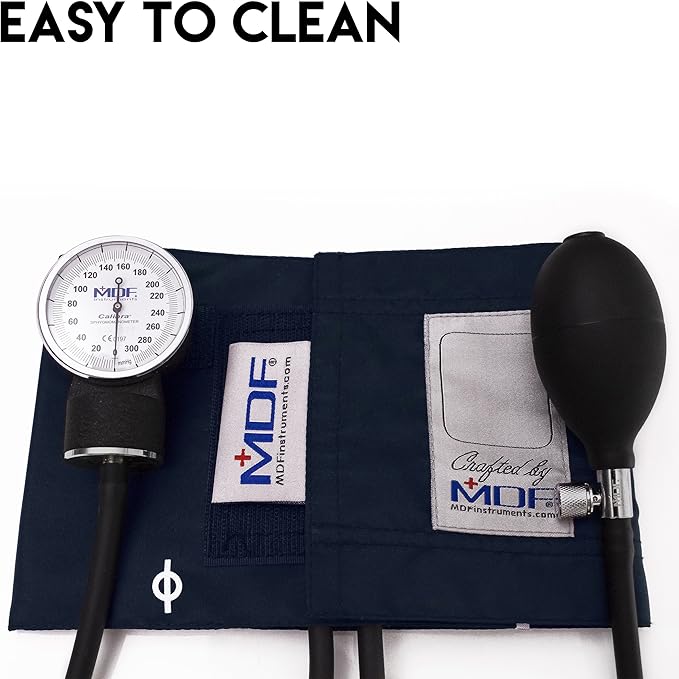 MDF Instruments, Calibra Aneroid Premium Professional Sphygmomanometer, Blood Pressure Monitor with Adult Cuff & Carrying Case, Lifetime Calibration, White Dial, Navy Blue Cuff, MDF808M04