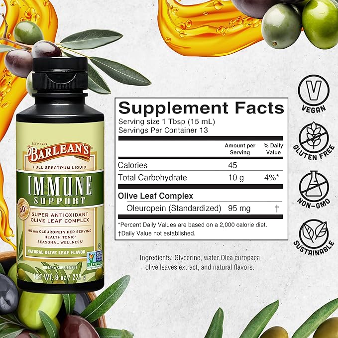 Barlean's Olive Leaf Complex Liquid Immune Support Supplement, 95mg Oleuropein Antioxidants, 8 oz