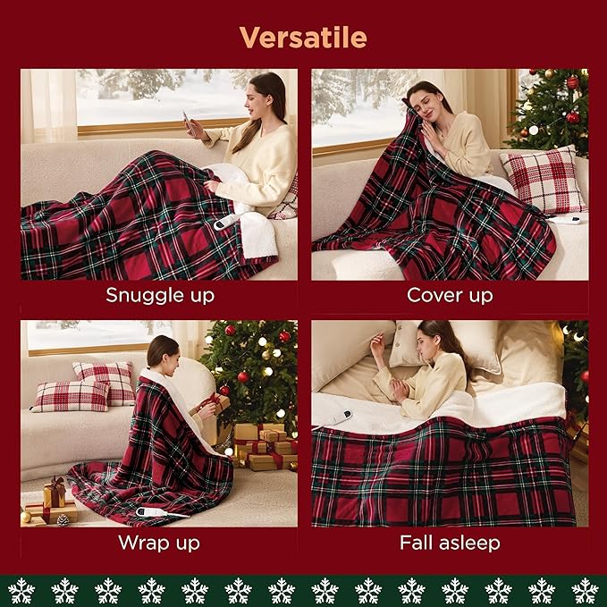 Bedsure Plaid Electric Blanket Twin - Flannel Sherpa Heated Blanket with Plaid Pattern, Heating with 6 Heating Levels, 10 Time Settings, 8-Hour Auto-Off, Warm Gifts for Grandma (Red, 62"x84")