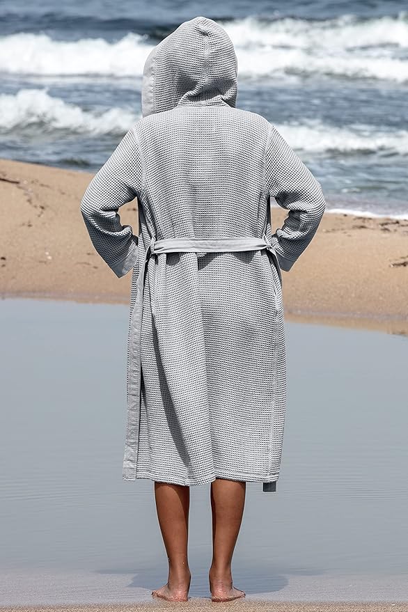 SEYANTE Women’s Luxury Waffle Shawl Collar, Hooded Robe w Piping – Lightweight, Long, Ultra Soft Spa Sleepwear Bathrobe