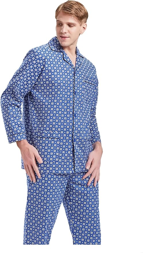GLOBAL Men's Pajamas Sets 100% Cotton Flannel Sleepwear Long-Sleeve top & Bottom