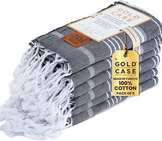 Gold CASE Turkish Hand Towels for Bathroom Set of 6 – 20 x 40'' – 100% Cotton Bathroom Hand Towels – LYCIA Towel for Spa, Face, Tea & Dishcloth – Decorative Cloth – Black