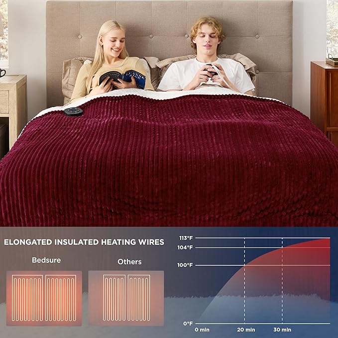 Bedsure GentleSoft Electric Blanket Queen Size - Soft Ribbed Flannel Heated Blanket with Dual Control, Heating with 10 Heat Settings & 10 Time Settings, 8 hrs Timer Auto Shut Off (84"x90", Burgundy)