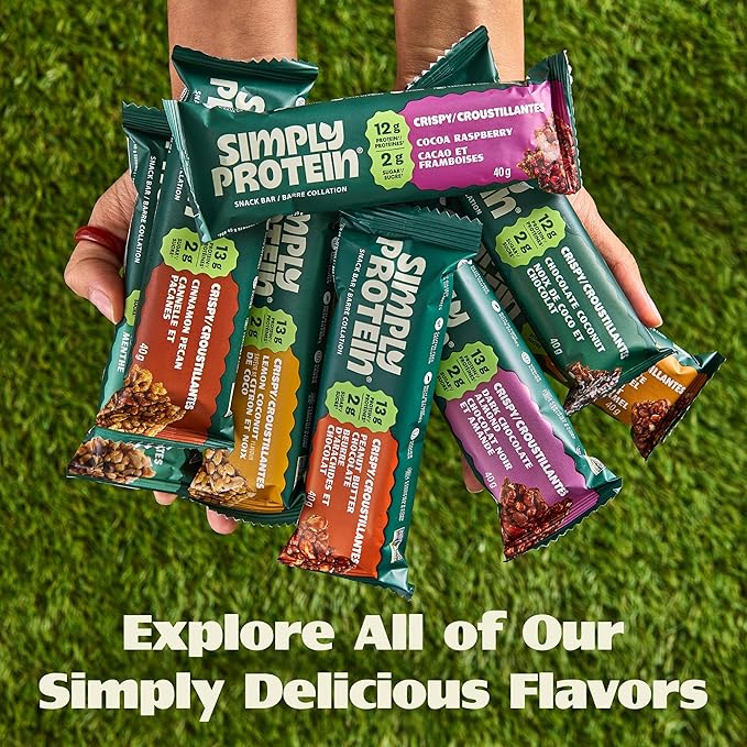 Simply Protein - Dark Chocolate Almond Crispy Bars - Plant Based Protein Bars - Low Carb, Low Sugar, High Fiber - 13g Protein, 2g Sugar, 7g Fiber - Vegan, Gluten Free, Non GMO, Kosher - 8 Bars