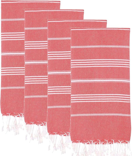 Turkish Beach Towels, Pack of 4 | Oversized, Quick Dry, Sand Free | 100% Cotton, Large 38x71 Towels for Beach, Pool, Travel | Ultra-Soft, Compact, and Absorbent | Red