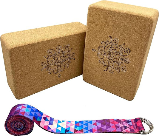 Aozora Cork Yoga Block Sustainable & Eco Friendly 2 Pack and Yoga Strap Set Made of The Finest Natural Cork for Better Support, Balance & Comfort