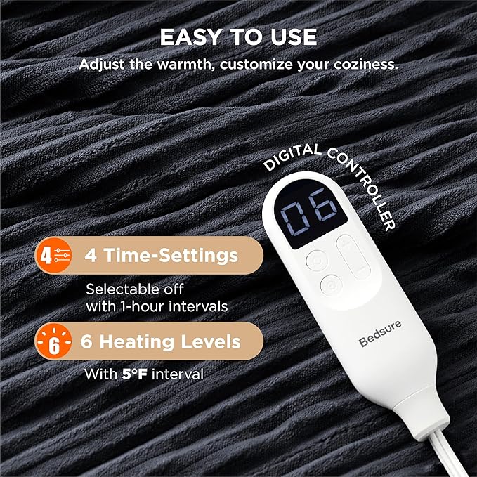 Bedsure GentleSoft Heated Blanket Throw - Soft Ribbed Flannel Electric Blanket, Heating with 4 Time Settings, 6 Heat Settings, and 3 hrs Timer Auto Shut Off, Gifts for Grandma (50x60 inches, Black)