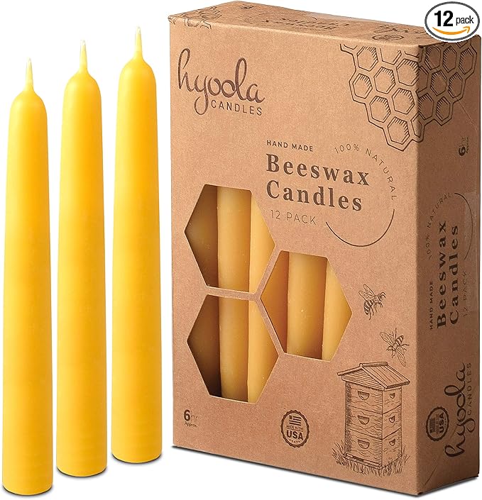 Hyoola 6 Inch Beeswax Taper Candles 12 Pack - Handmade, All Natural, 100% Pure Unscented Bee Wax Candle - Tall, Decorative, Golden Yellow - 6 Hour Burn Time