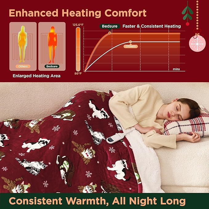 Bedsure Christmas Heated Blanket Throw - Soft Flannel Sherpa Electric Blanket with Pet Pattern, Heated Throw as a Gift, with 6 Heating Levels, 4 Time Settings, and 3-Hour Auto-Off (50x60 inches)