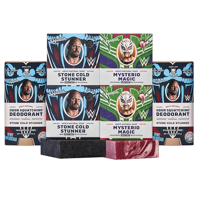 Dr. Squatch WWE Collection - Natural 4 Soap, 2 Deodorant Gift Set - Cold Process Soap with No Harsh Chemicals - Stone Cold Stunner & Mysterio Magic (6 Pack)