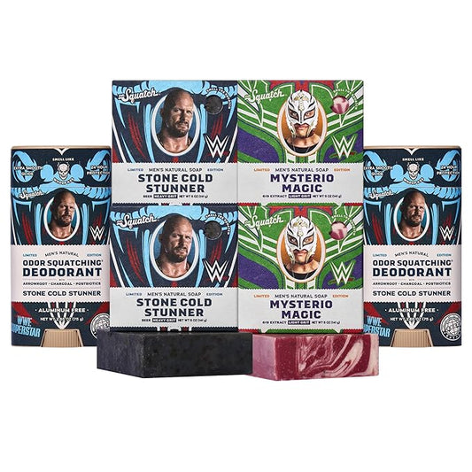 Dr. Squatch WWE Collection - Natural 4 Soap, 2 Deodorant Gift Set - Cold Process Soap with No Harsh Chemicals - Stone Cold Stunner & Mysterio Magic (6 Pack)