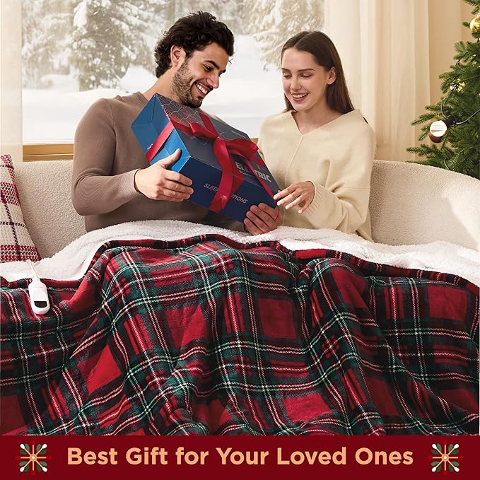 Bedsure Plaid Electric Blanket Twin - Flannel Sherpa Heated Blanket with Plaid Pattern, Heating with 6 Heating Levels, 10 Time Settings, 8-Hour Auto-Off, Warm Gifts for Grandma (Red, 62"x84")
