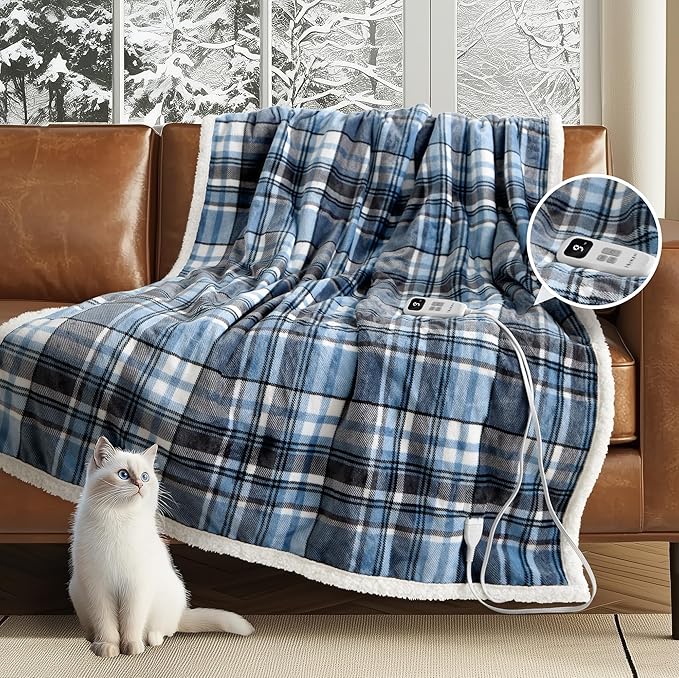 Heated Blanket Electric Throw-50''x60''Ultra Soft Cozy Plaid Flannel Fast Heating Electric Blanket with 10 Heat Levels & 10 Hours Auto Off, ETL Certified, Keep Warm in Couch Bed Office(Blue)
