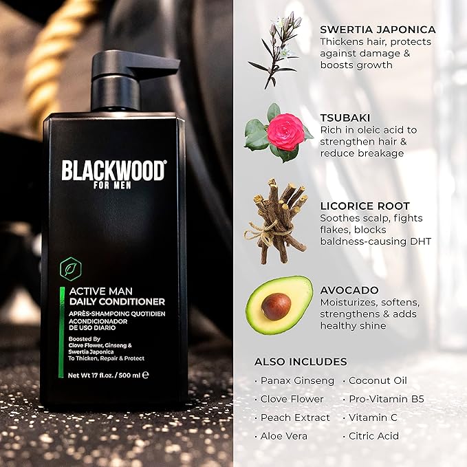 BLACKWOOD FOR MEN Active Man Daily Conditioner - Men's Thickening Conditioner for Hair Loss & Dandruff - Deep Treatment for Shine - Natural Vegan Formula - Sulfate, Paraben, & Cruelty-Free (17 Oz)
