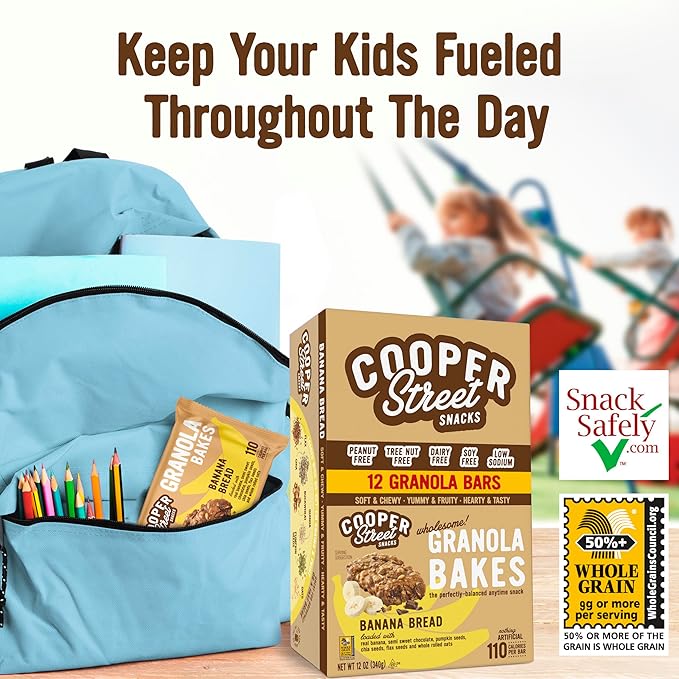 Cooper Street Banana Bread Granola Bakes (12 pack) - Individually Wrapped Soft and Chewy Breakfast Granola Bars - Nut, Dairy & Soy Free - Great As Kids Snacks For School, Hiking Or Work