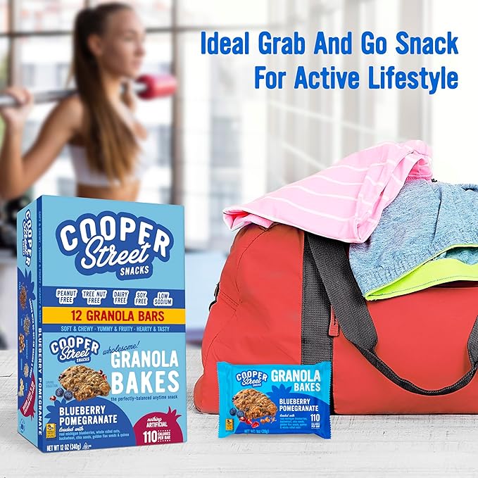 Cooper Street Blueberry Pomegranate Granola Bakes (12 bars) - Individually Wrapped Soft and Chewy Breakfast Granola Bars - Nut, Dairy & Soy Free - Great As Kids Snacks For School, Hiking Or Lunchbreak