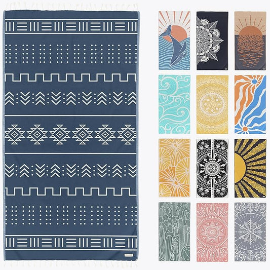 FESHKA Sand Proof Turkish Beach Towel – Oversized, Quick Dry & Lightweight Travel Towel - 100% Organic Cotton Beach Blanket - Perfect for Bath, Pool & Picnic | Pathfinder (Dark Blue)