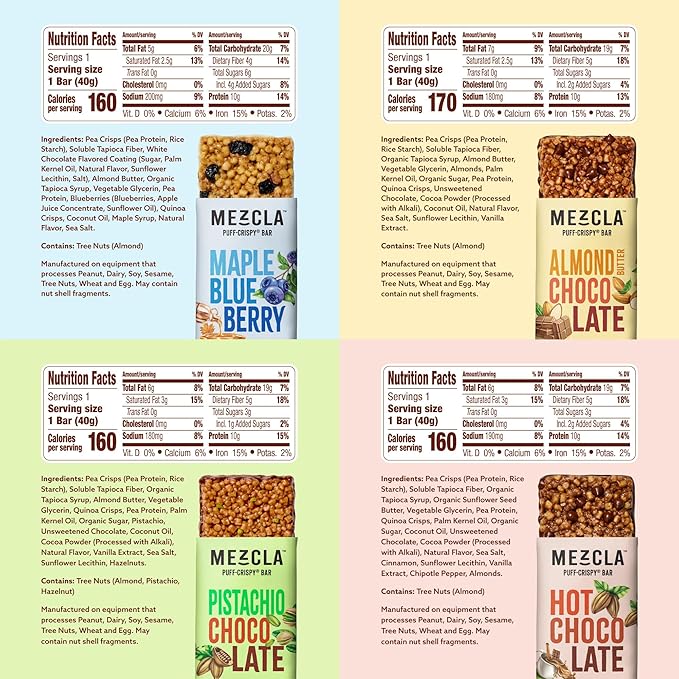 Mezcla Puff Crispy Protein Bars, Gluten Free & Vegan Protein Bars, 10g Protein, Alt for Crispy Rice Treat, Granola Bars & Breakfast Bars, Healthy Snacks for Adults, Variety Pack, 8 Count