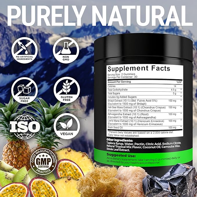 Organic Shilajit Gummies with Sea Moss Gummies - Shilajit Supplement for Immune Support - Pure Himalayan Shilajit and Ashwagandha with Sea Moss and Shilajit, Lion’s Mane Extract and Black Seed Oil