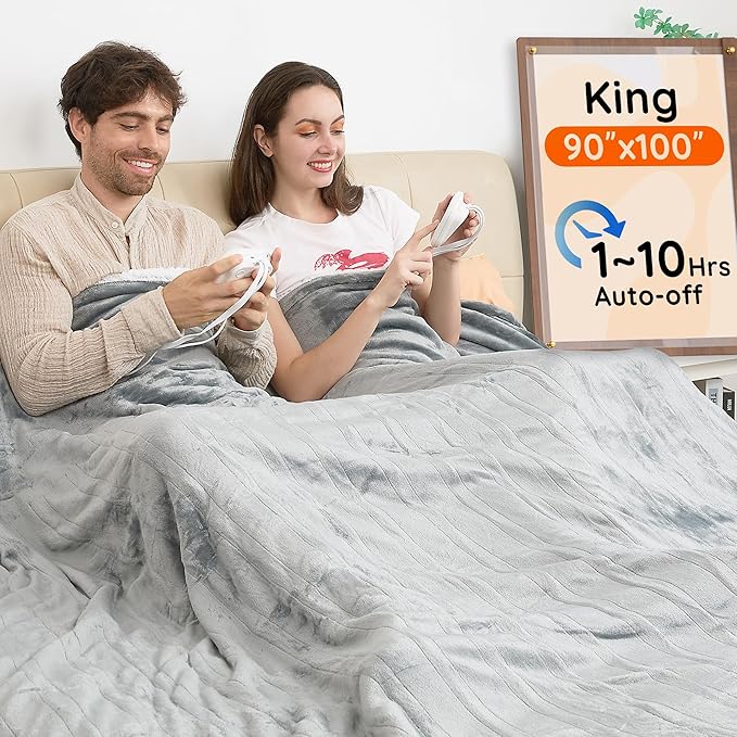 Mia&Coco Electric Blanket King -90"x100" Dual Control Flannel Heated Blanket, 10 Heat Levels, 10-Hour Auto-Off, Fast Heating, Overheat Protection, Soft Heating Blanket for Home and Office (Gray)