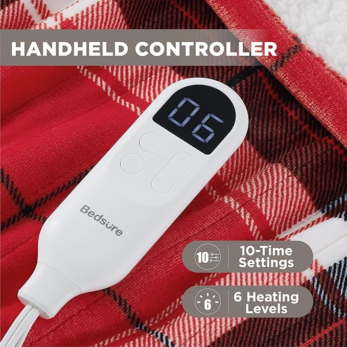 Bedsure Plaid Heated Blanket Twin - Christmas Electric Blanket with Red Plaid Pattern, Flannel Sherpa Heating Blanket as a Gift, with 6 Heating Levels, 10 Time Settings, 8-Hour Auto-Off (62"x84")