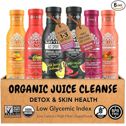 Karviva Organic Juice Cleanse & Skin Glowing Pack – Detox & Collagen Boost, Low-Sugar, High Fiber, Antioxidants & Vitamins – Ancient Remedies For Weight Control & Sugar Detox, 1–3 Day Use (6 BPA-Free Bottles, 12 oz each)