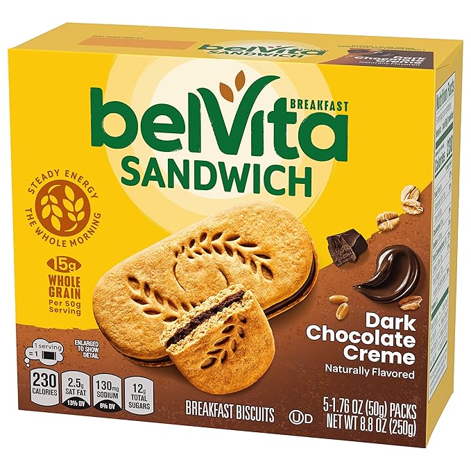 belVita Breakfast Bar Biscuit Sandwiches, Dark Chocolate Creme, 30 Total Packs, 6 Boxes (2 Biscuits Per Pack)
