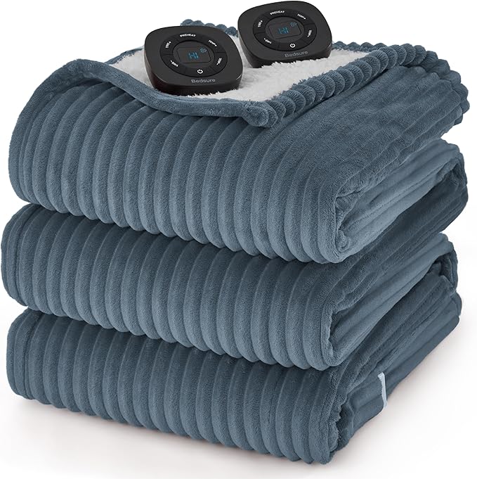 Bedsure GentleSoft Electric Blanket Queen Size - Soft Ribbed Flannel Heated Blanket with Dual Control, Heating with 10 Heat Settings & 10 Time Settings, 8 hrs Timer Auto Shut Off (84x90 inches, Grey)