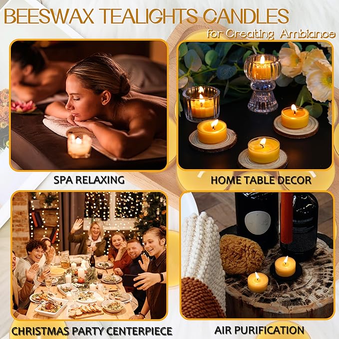 96 Packs Beeswax Tealight Candles, 100% Pure Beeswax Tea Candles | 4-Hour Extended Burn Time | Natural Bees Wax Tea Light Candle in Clear Cup, Perfect for Home Deco,Air Purification,Fragrance