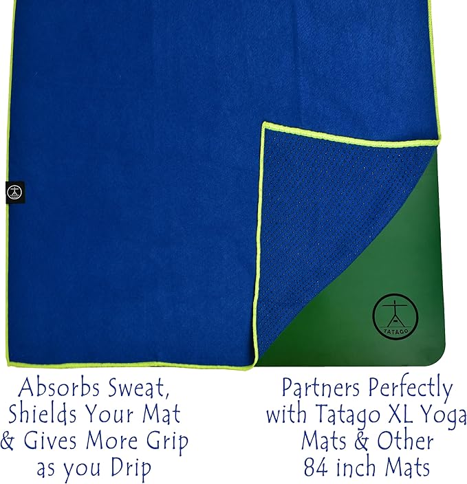Tatago Hot Yoga Mat Towel Non Slip for Hot Yoga (72-84 inch Mats) Our Hot Yoga Towel Non Slip Silicone Dabs & Absorbent Microfiber Blend Gives You More Grip As You Drip! (Azuloro, XL - 84")