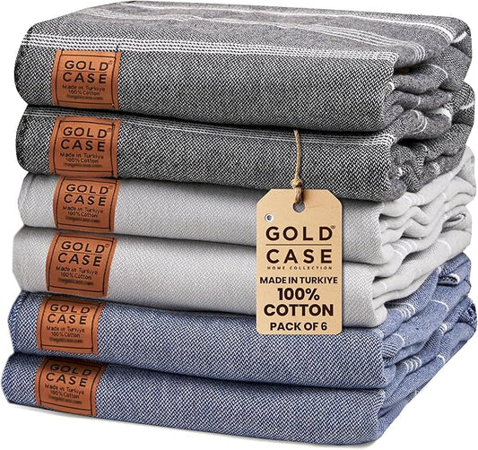 Gold CASE LYCIA Turkish Beach Towel Set of 6 – 100% Cotton Turkish Beach Towels Bulk 70 x 38'' – LYCIA Oversized, Quick Dry & Sand Free Beach Towel – Lightweight Towels Set in Multi Dark Tones