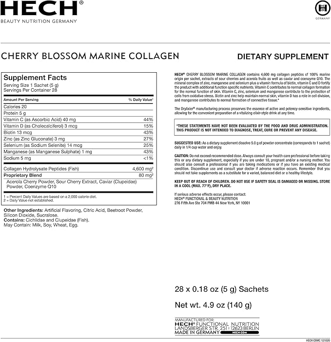 Cherry Blossom Marine Collagen - Drink Sachets for Youthful Glow with 4,600 mg of Marine Collagen and an Antioxidant Matrix with Natural Plant Extracts