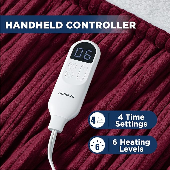 Bedsure GentleSoft Heated Blanket Throw - Soft Ribbed Flannel Electric Blanket, Heating with 4 Time Settings, 6 Heat Settings, and 3 hrs Timer Auto Shut Off, Gifts for Grandma (50x60 inches, Burgundy)