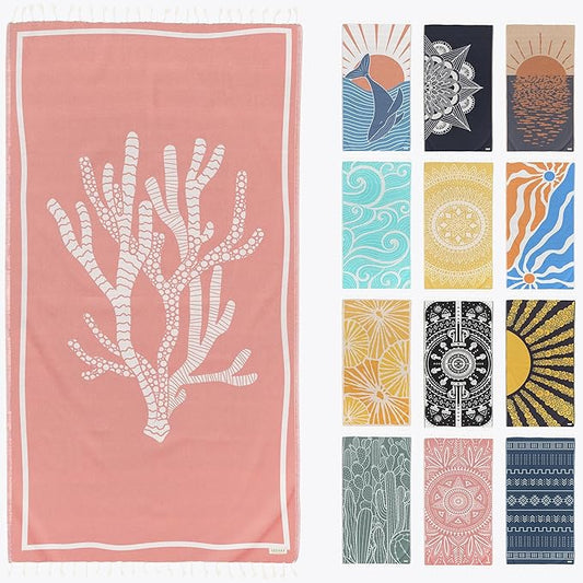 FESHKA Sand Proof Turkish Beach Towel – Oversized, Quick Dry & Lightweight Travel Towel - 100% Organic Cotton Beach Blanket - Perfect for Bath, Pool & Picnic | Coral (Pink)