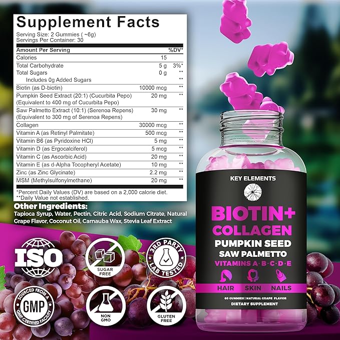 Hair Skin and Nails 10000mcg Gummies & Collagen Gummies - Biotin Vitamins for Hair Growth Pumpkin Seed Oil, Saw Palmetto Extract & Vitamins A B6 C D E - Biotin and Collagen Supplements