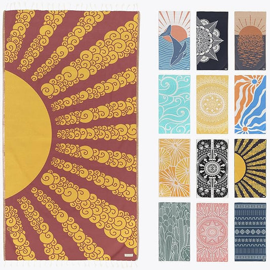 FESHKA Sand Free Turkish Beach Towel (37 x 67) Quick Dry Bath Towel, Oversized Beach Blanket, Lightweight for Travel - Made with 100% Organic Turkish Cotton - Golden Hour (Yellow/Maroon)