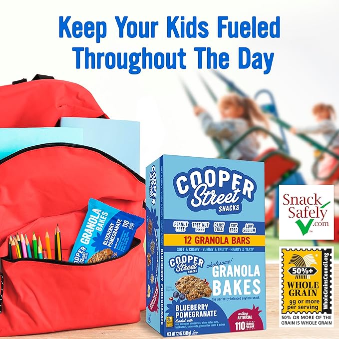 Cooper Street Blueberry Pomegranate Granola Bakes (12 bars) - Individually Wrapped Soft and Chewy Breakfast Granola Bars - Nut, Dairy & Soy Free - Great As Kids Snacks For School, Hiking Or Lunchbreak