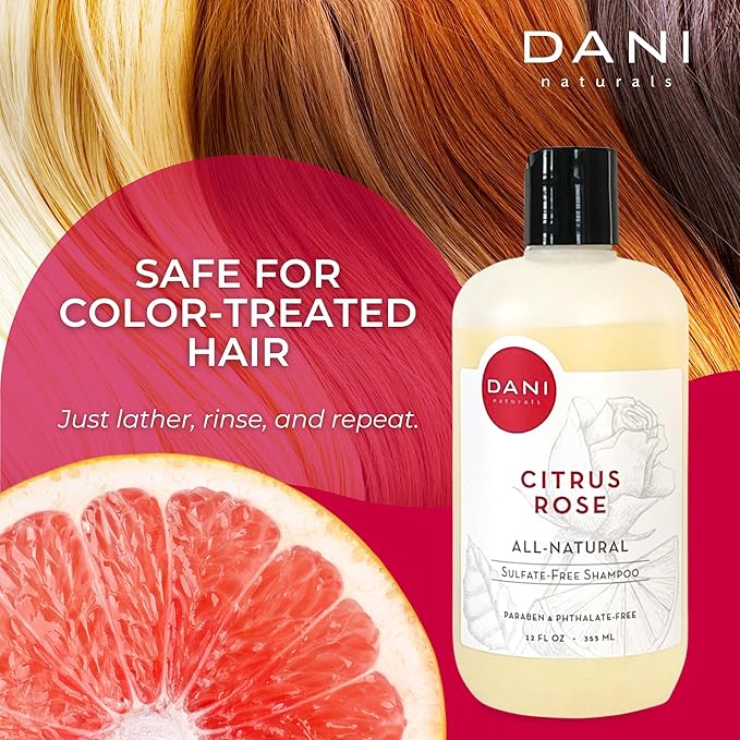 DANI Naturals Shampoo - Citrus Rose Scent is a sulfate-free, vegan, and organic shampoo that deeply moisturizes and nourishes all hair types, including color-treated hair