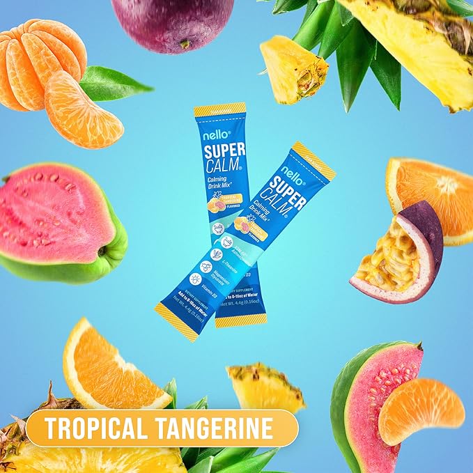 Nello Supercalm Powdered Drink Mix, Tropical Tangerine, L Theanine, Ksm-66 Ashwagandha, Magnesium Glycinate, Vitamin D 3, Supplements for Relaxation & Focus, Natural, No Sugar, Non GMO, 20 Srvg