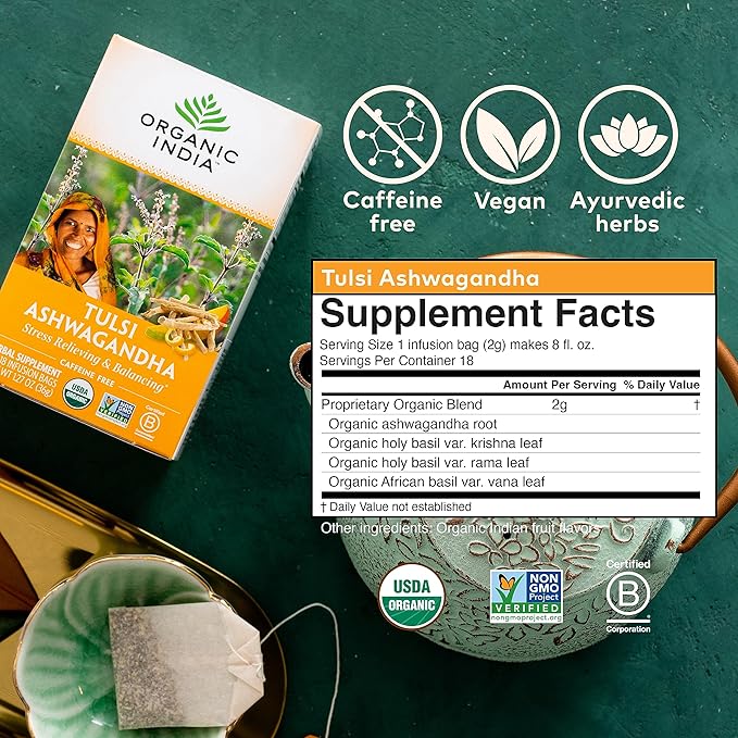 ORGANIC INDIA Calming Tulsi Ashwagandha Tea - Organic Tea Bags, Holy Basil, Vegan, USDA Certified Organic, Non-GMO, Caffeine Free - 18 Infusion Bags, 6 Pack