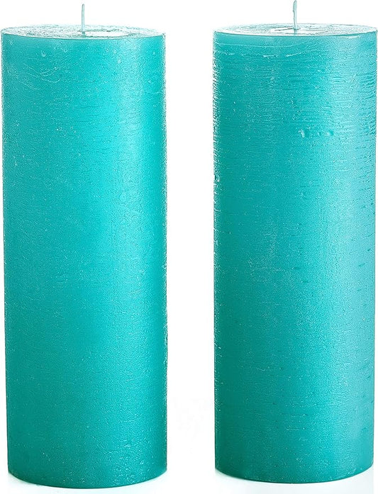 Melt Candle Company Set of 2 Pillar Candles 3" x 8" Unscented Handpoured Weddings, Home Decoration, Restaurants, Spa, Church Smokeless Cotton Wick - Turquoise